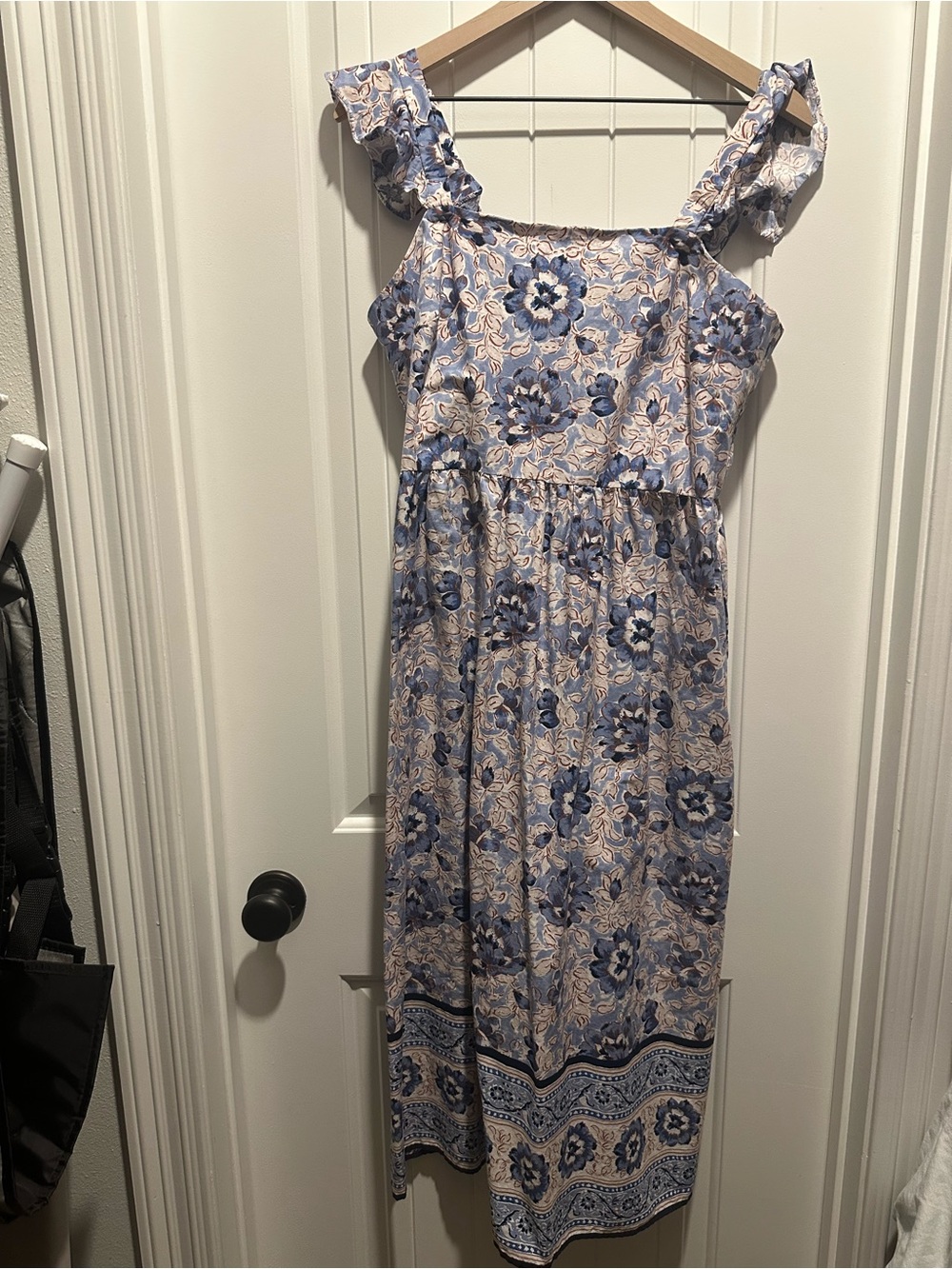 Anne Klein Blue and Cream Smocked Bodice Dress